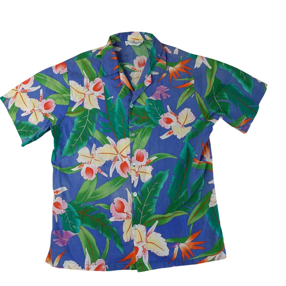 Vintage Hawaiian Shirt‎ Mens L Blue Floral Bird of Paradise Cotton Tropical USA